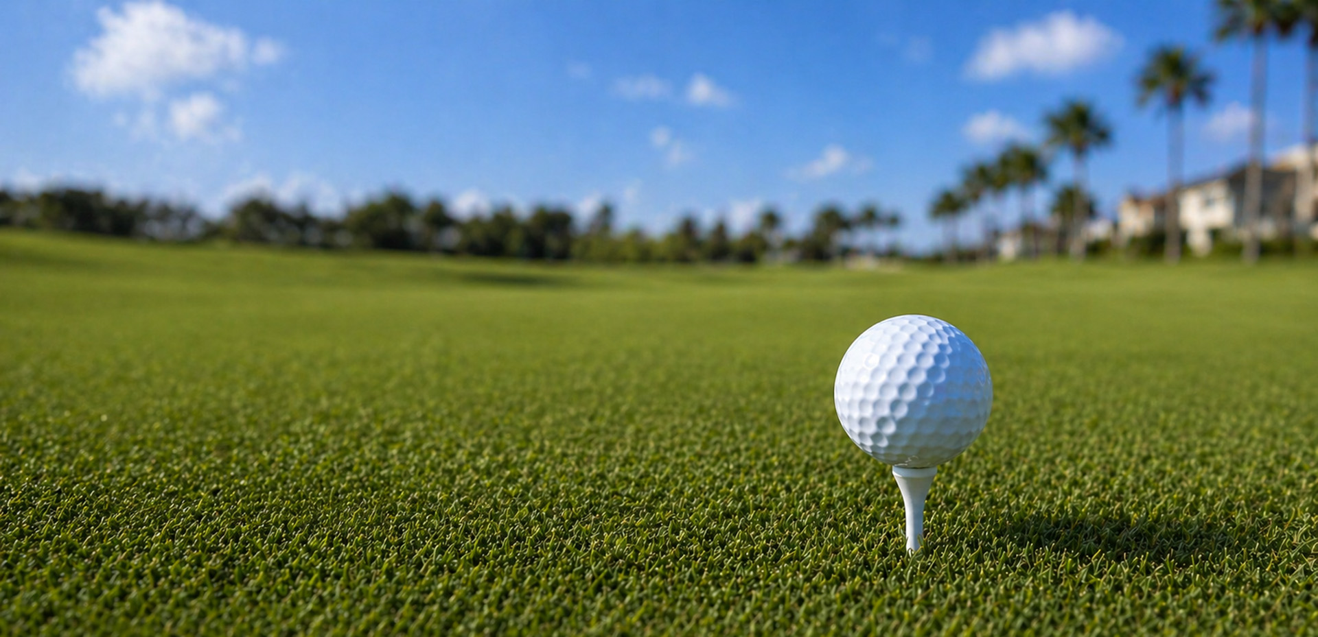 Golf ball on tee at a Florida golf course with homes along the fairway