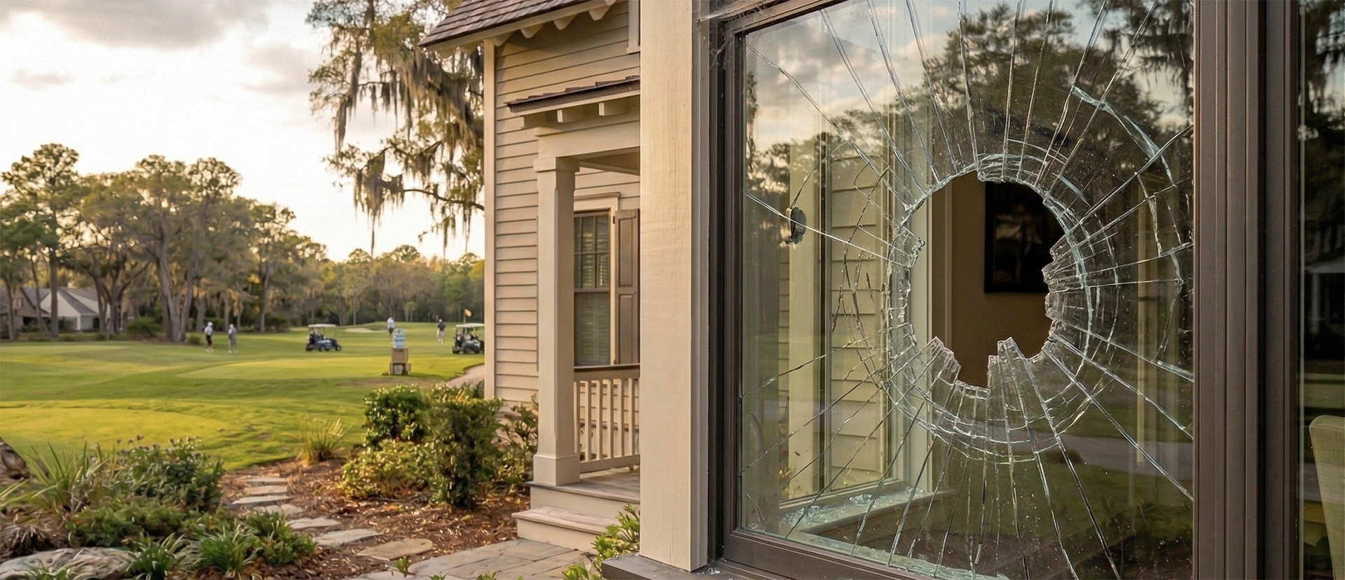 Broken window on a home near a golf course