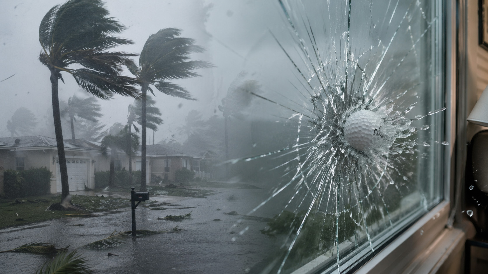 Fortress Screens hurricane impact protection on residential windows during a storm