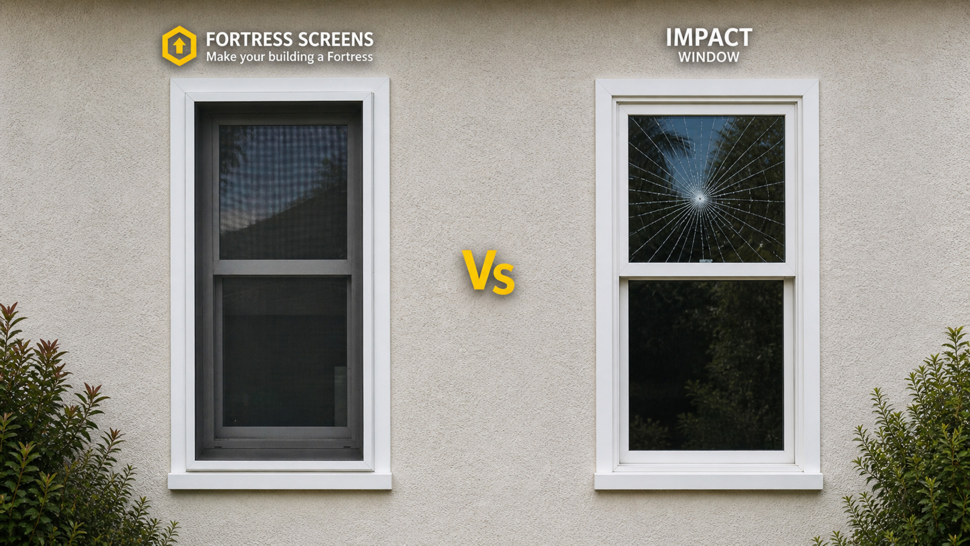 Hurricane security screen vs impact window installed side by side on a Florida home - Fortress Screens comparison