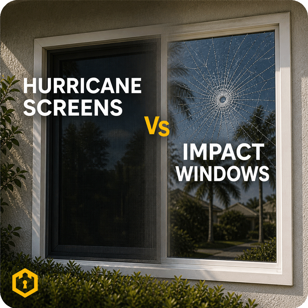 Hurricane security screen vs impact window installed side by side on a Florida home - Fortress Screens comparison