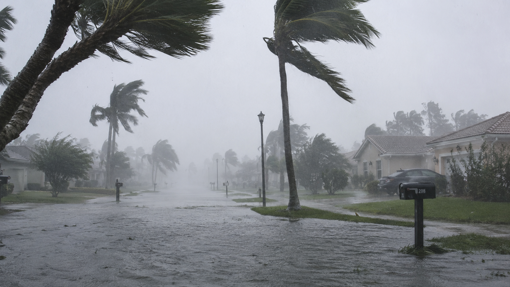 Hurricane blowing through a Florida neighborhood