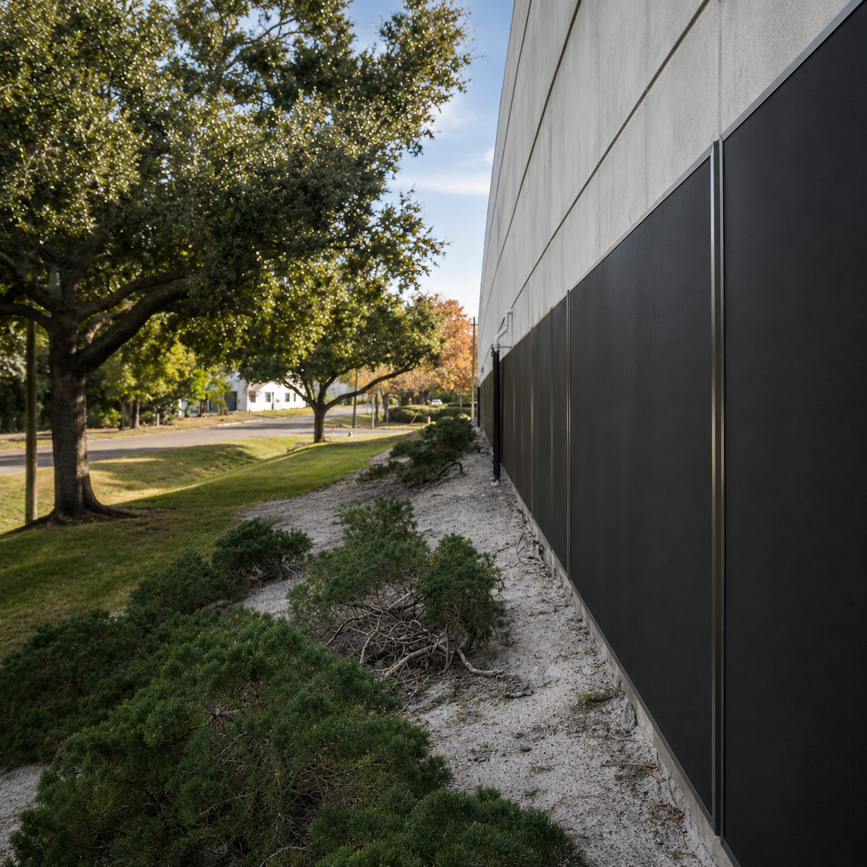 Finished Fortress hurricane security screens installed across commercial building windows.