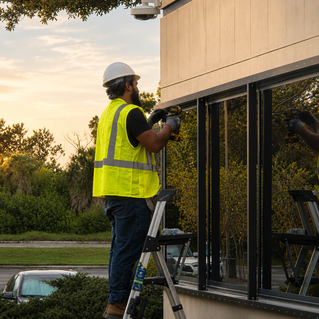 Fortress Screens technician installing a hurricane security screen over a commercial building window from the outside.