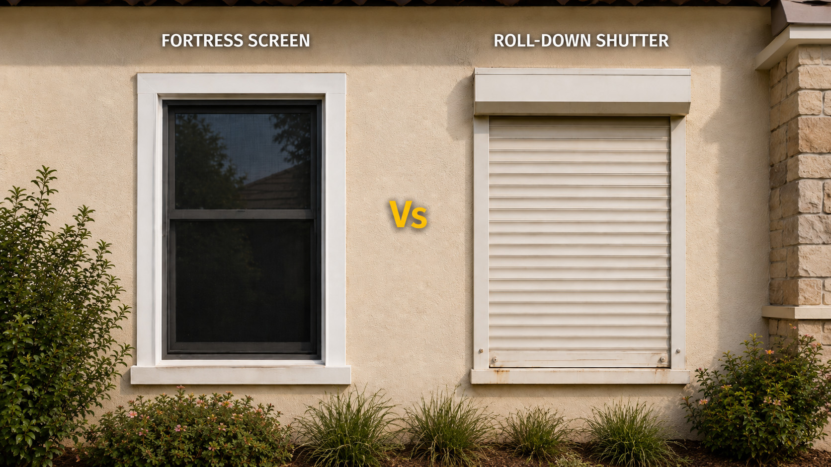 Hurricane screens vs. roll-down shutters comparison infographic by Fortress Screens, comparing deployment, security, moving parts, and cost