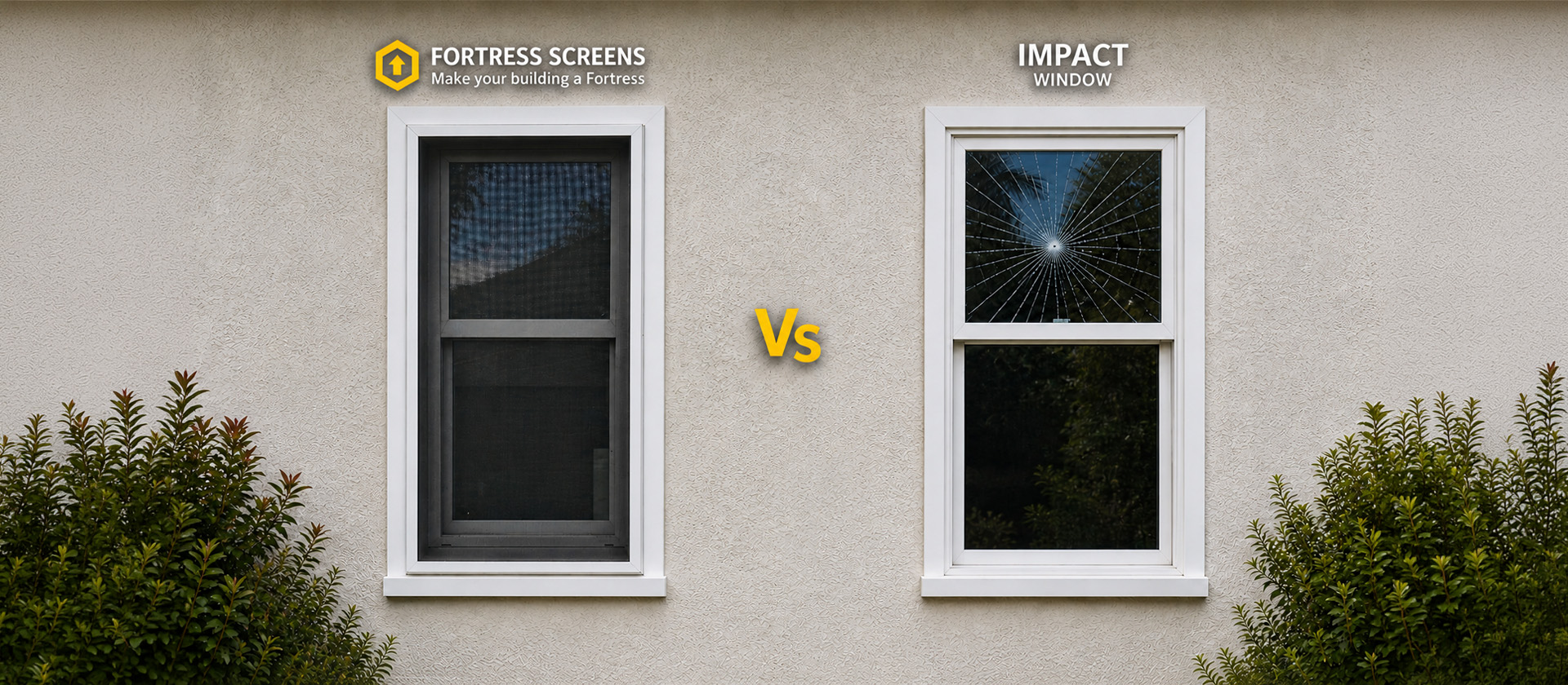 Hurricane security screen vs impact window installed side by side on a Florida home - Fortress Screens comparison