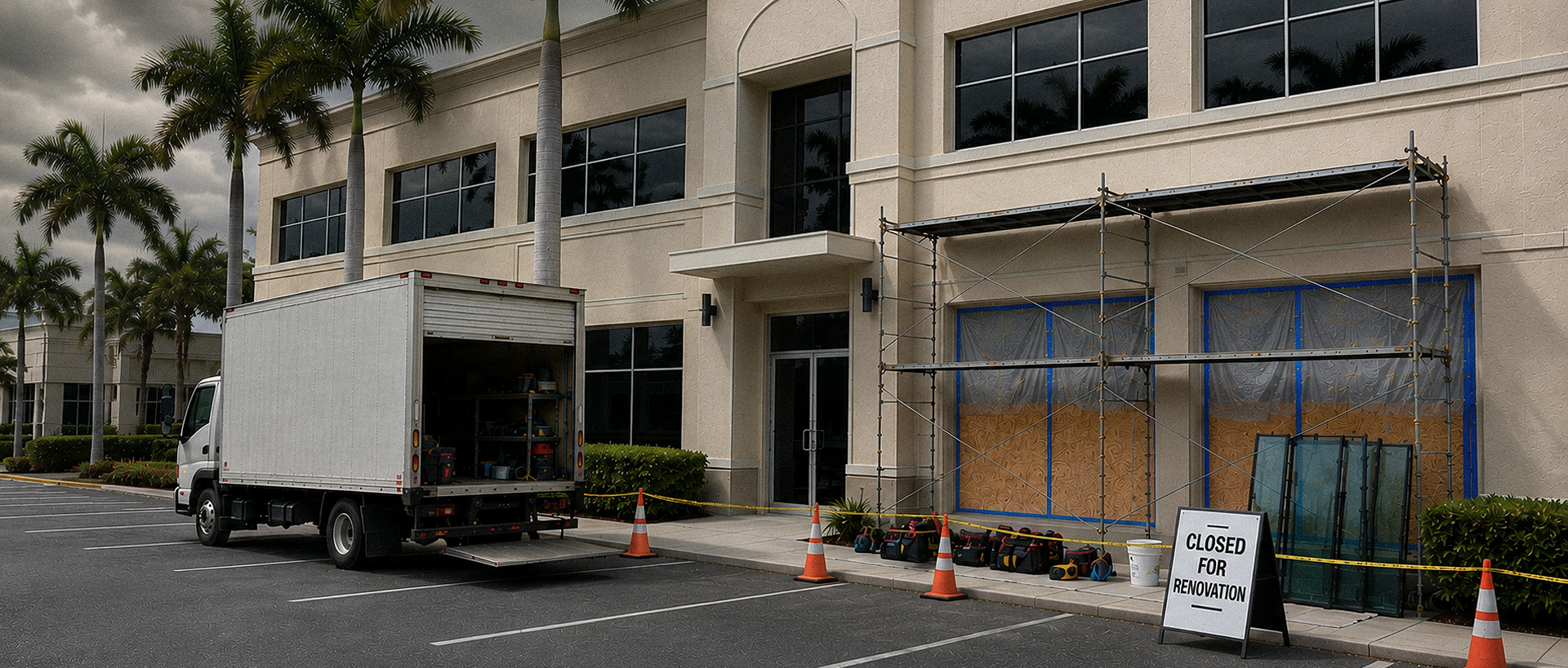 Commercial building closed for renovation during an impact window installation, with scaffolding and boarded-up windows.