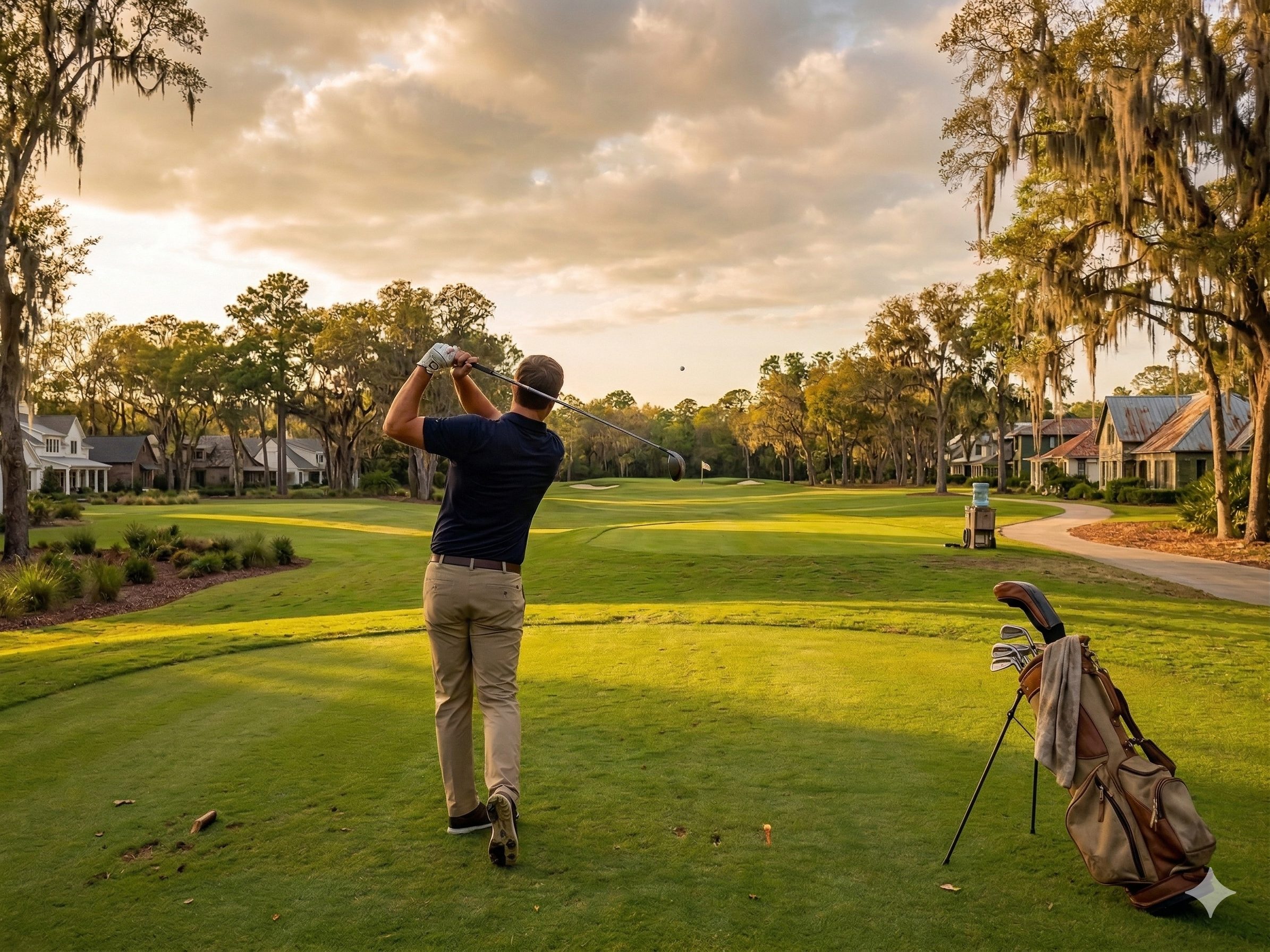 Golfer on a Florida course near a home protected by Fortress golf ball impact screens