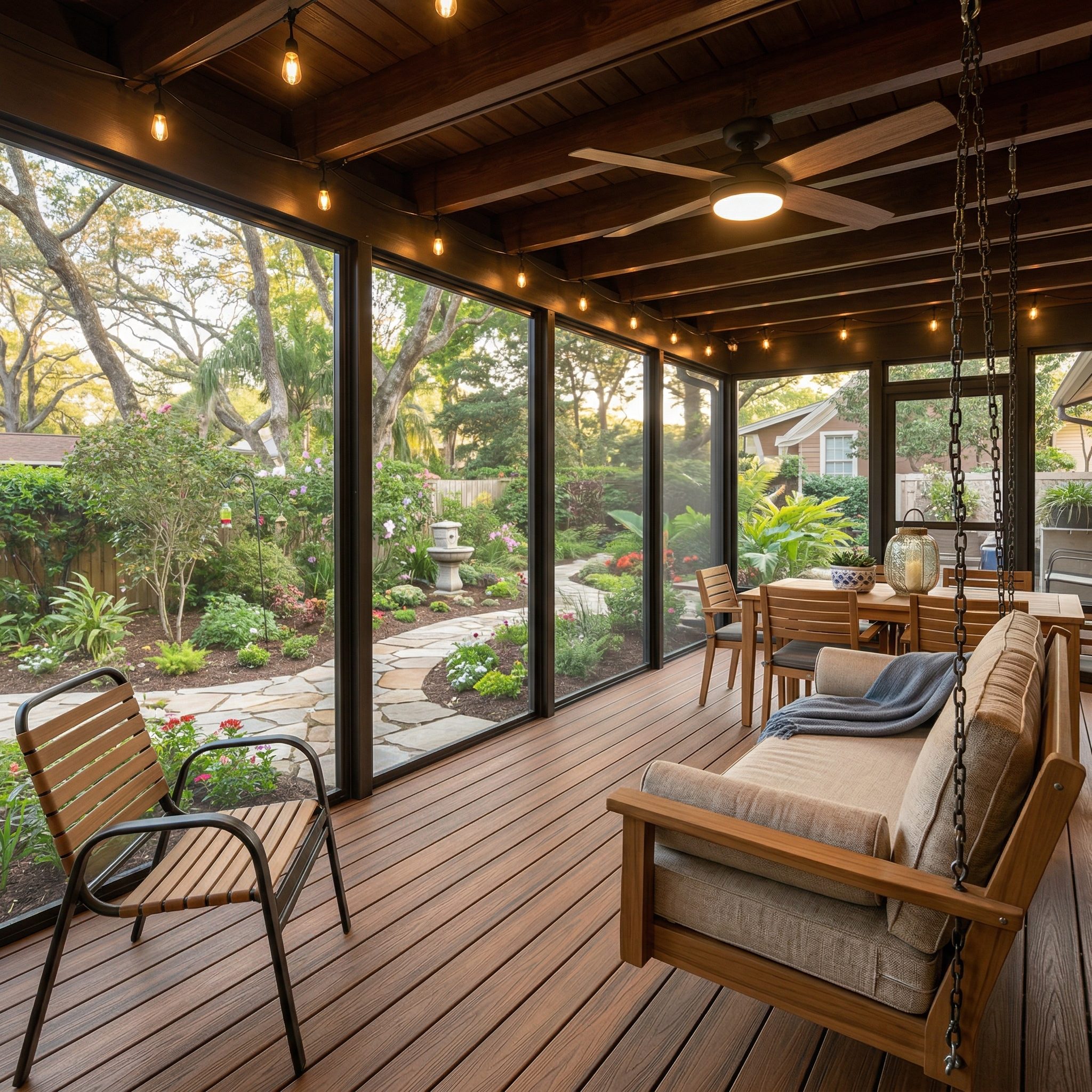 Bright screened porch on a Florida home enclosed with Fortress stainless steel mesh panels