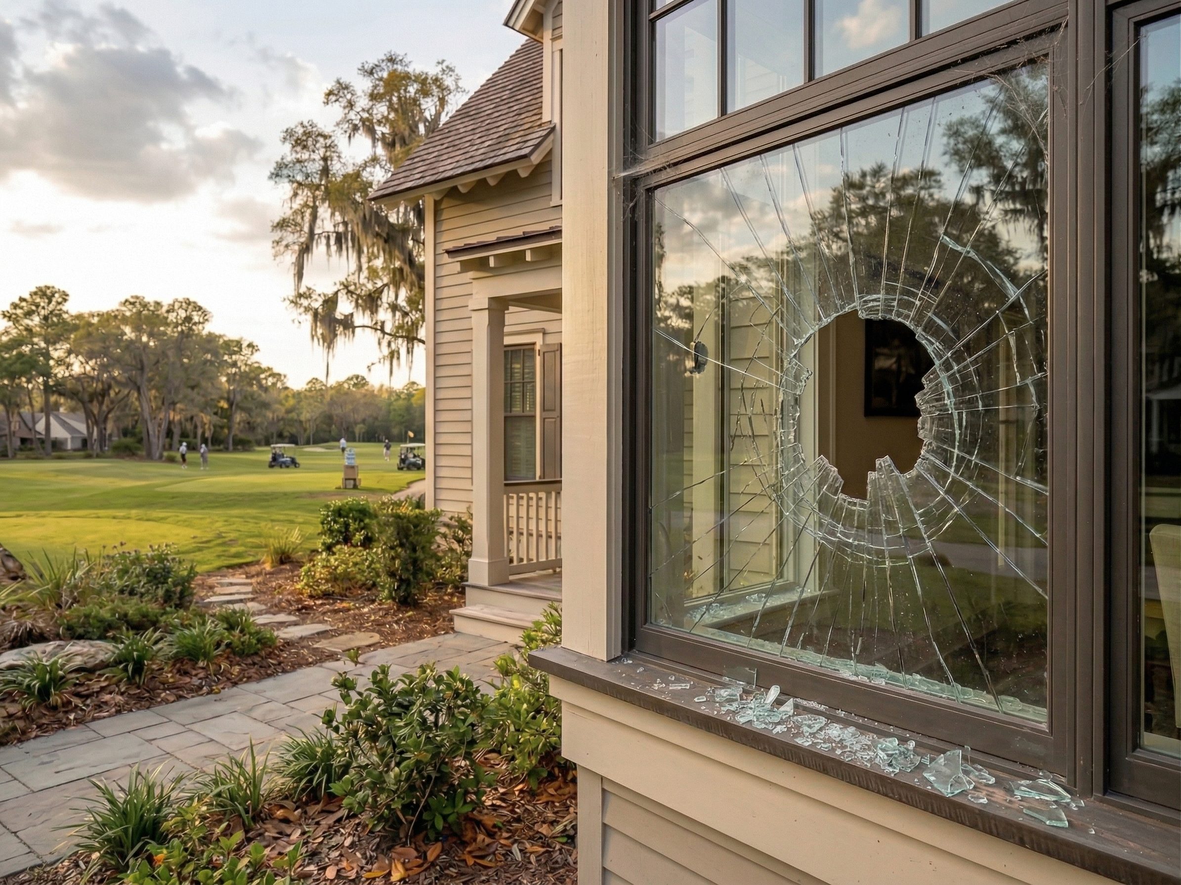 Golf course home window shattered by a stray golf ball before protective screens were installed