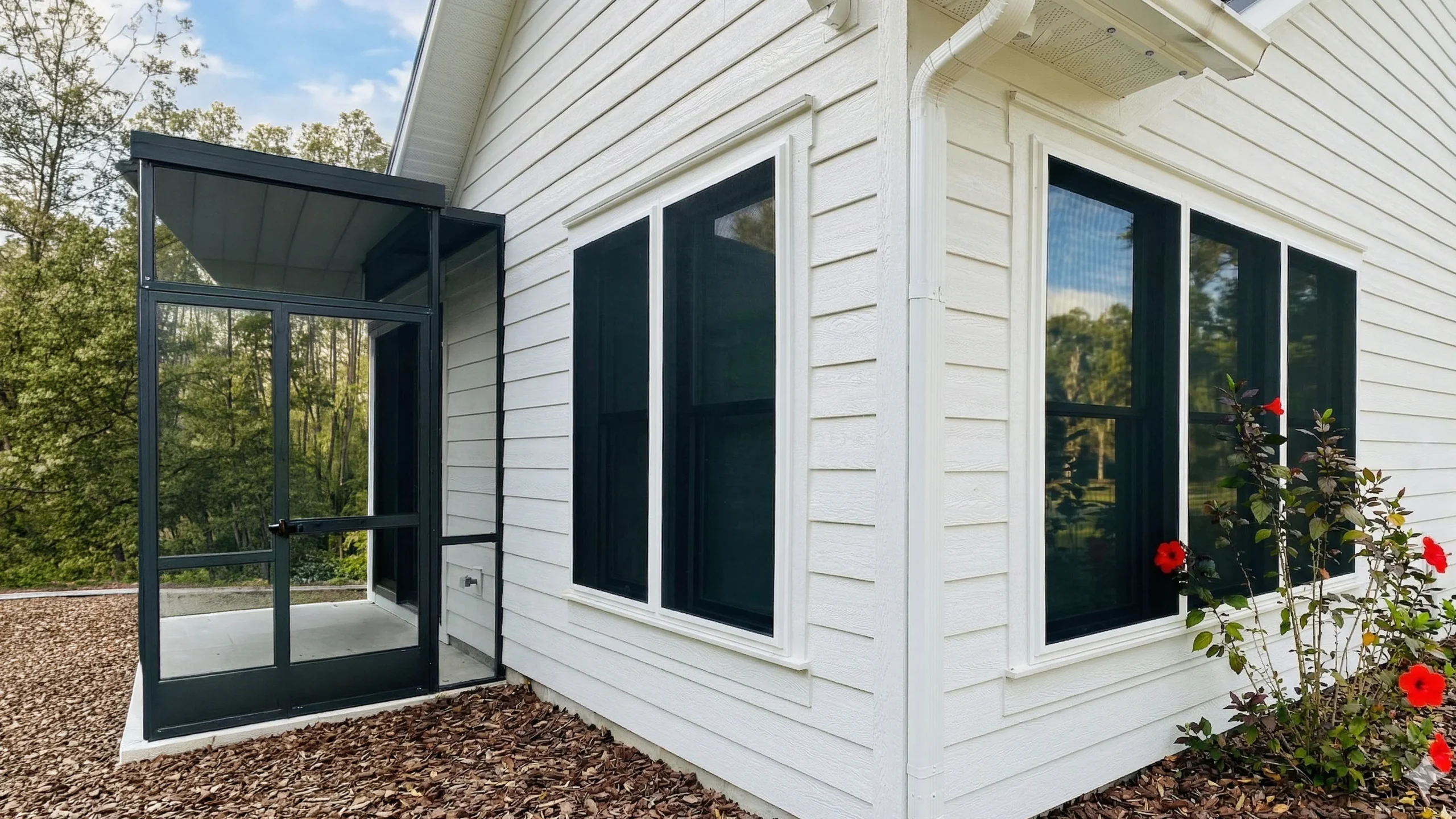 White stucco Florida home with black Fortress screens installed on its windows