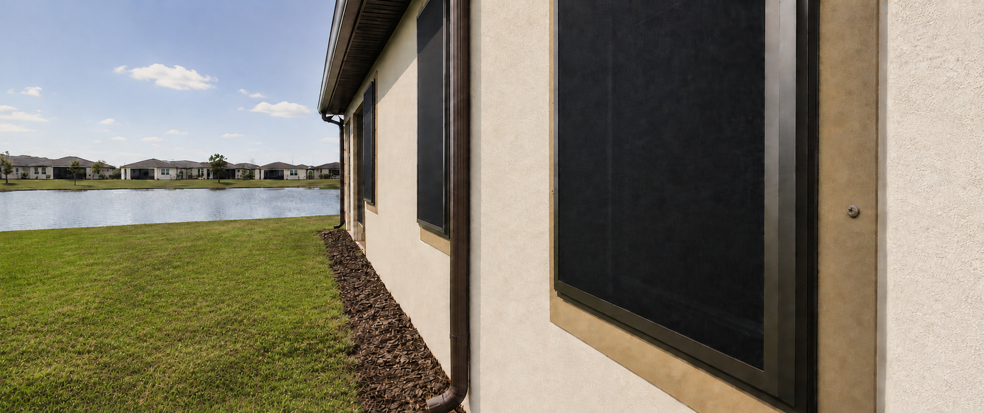 Sun-exposed stucco Florida home with bronze-framed Fortress screens installed on its windows