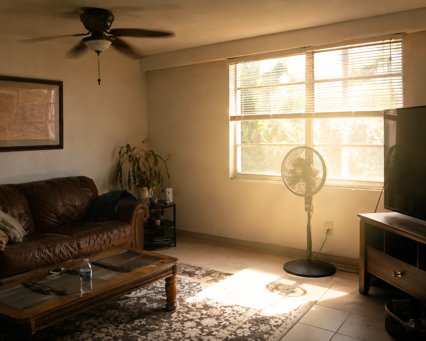 Strong sunlight heats a Florida living room while ceiling and standing fans run near the windows.