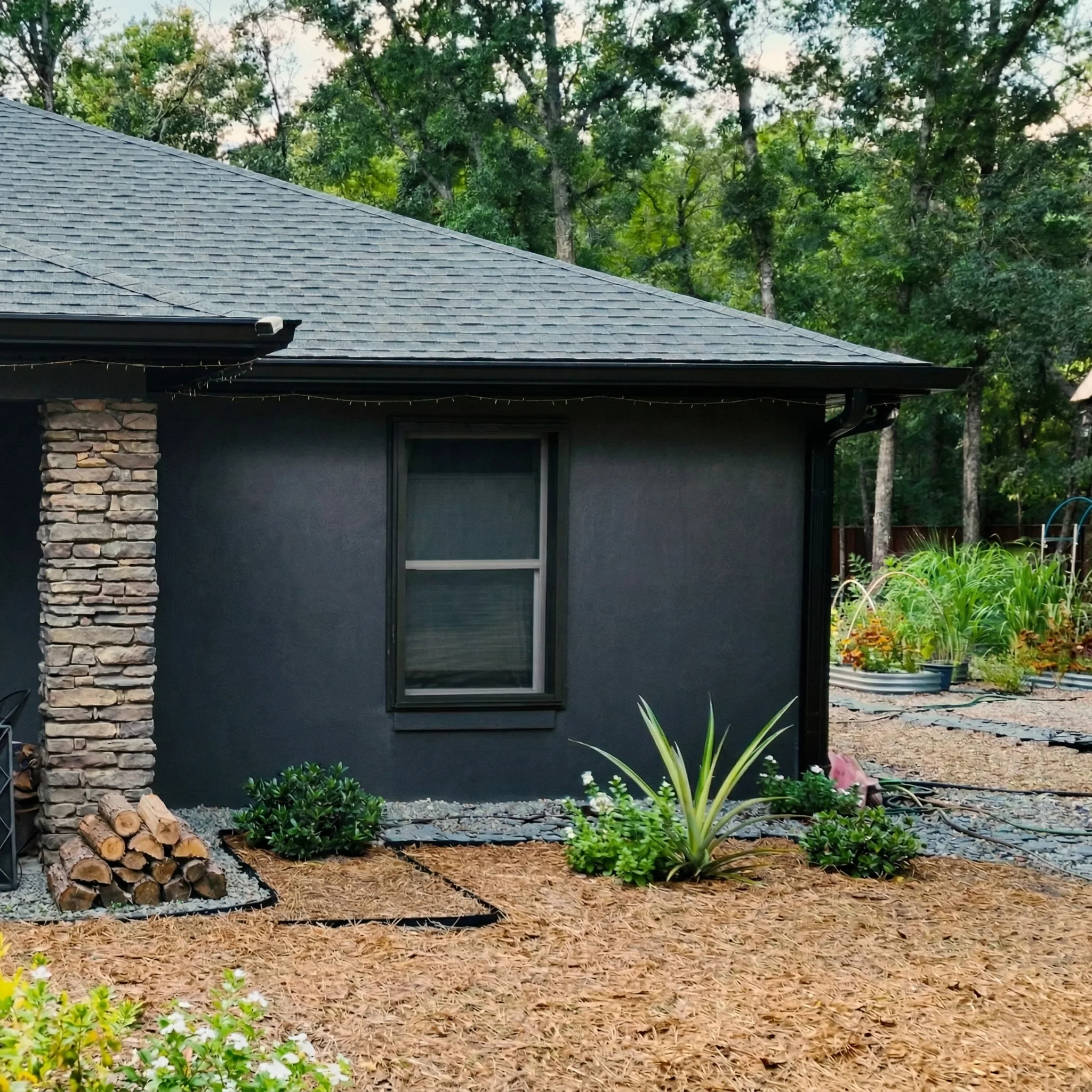 Dark grey home with a Fortress screen installed over a side window