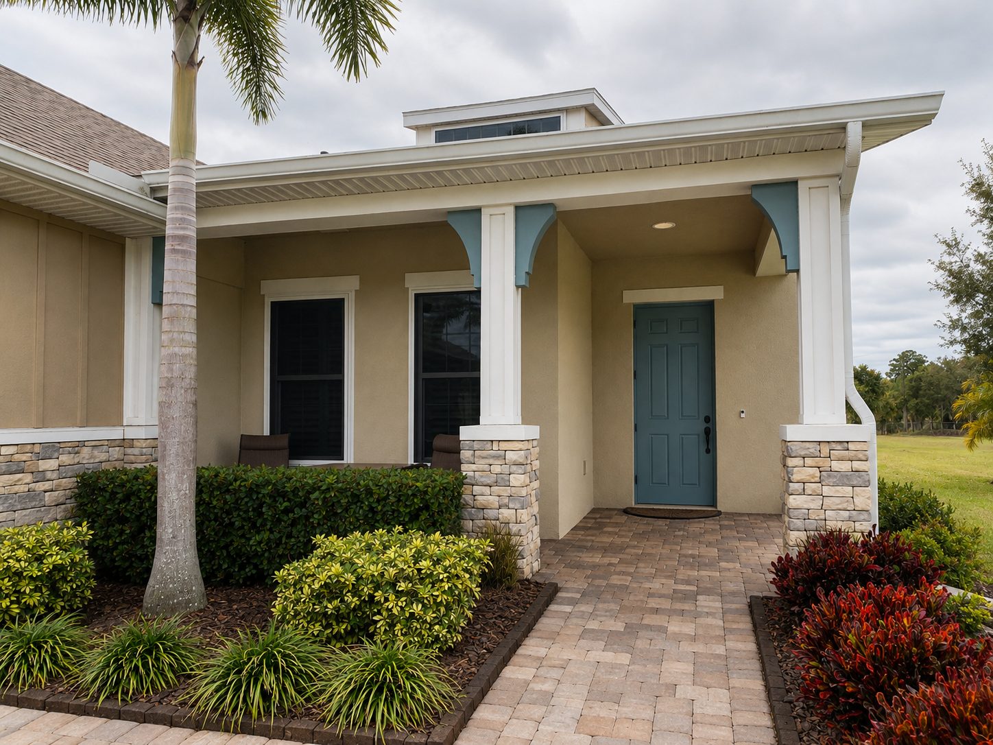 Landscaped Florida home entrance with dark Fortress screens installed on front windows