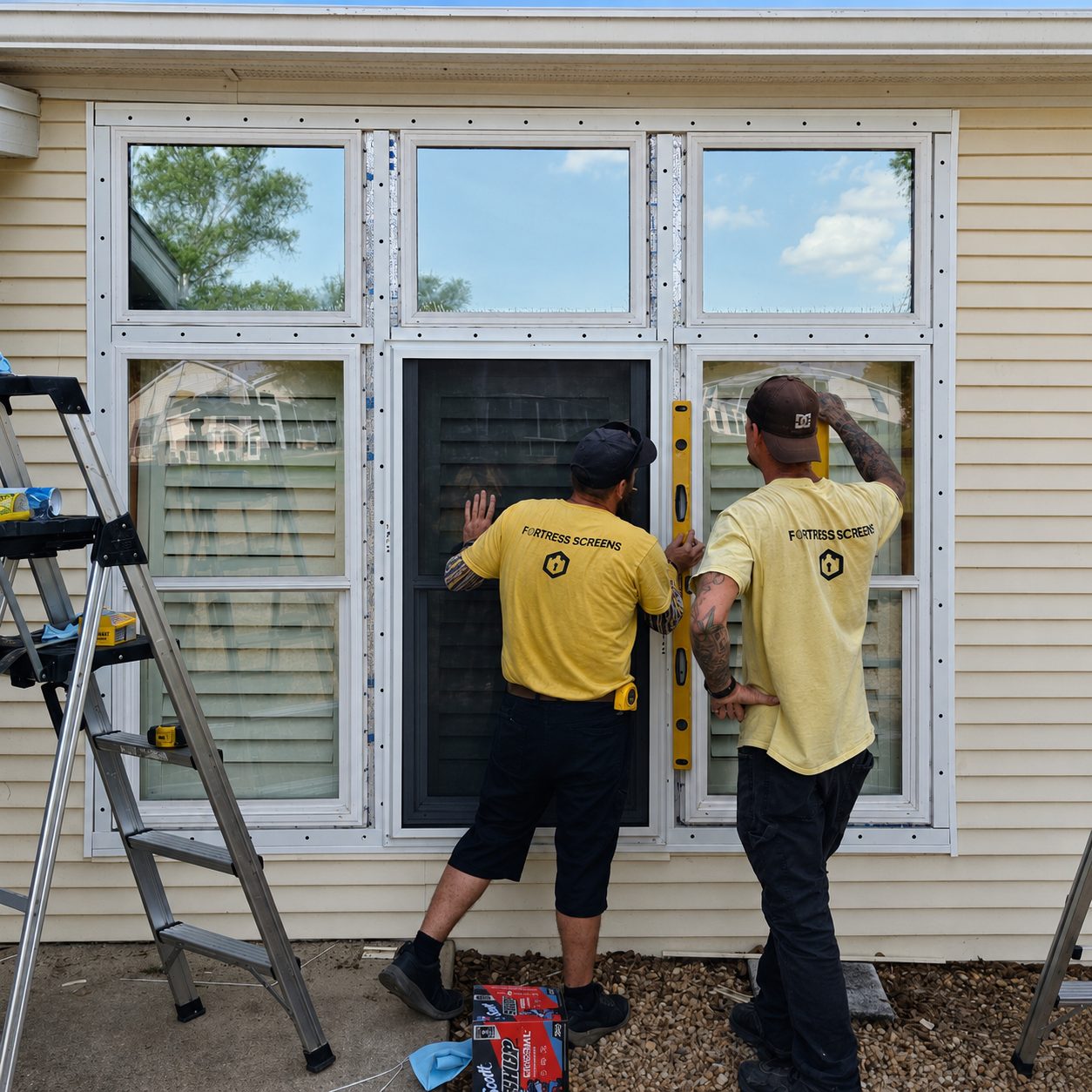 Fortress installers fitting a dark screen panel into a residential window opening